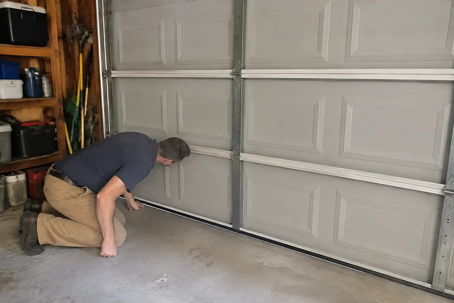 Person kneeling with a hand at the base of a gray paneled door that has a black strip along its bottom. — Garage Door Perimeter Weatherstrip, Kitchener