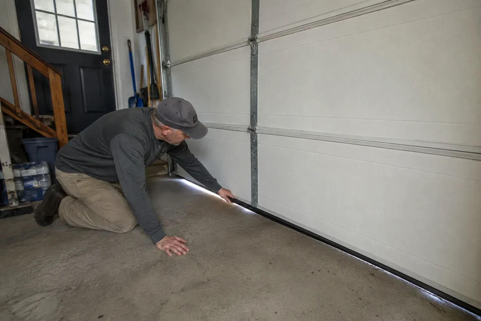 A person kneels beside the black bottom seal of a garage door, with daylight visible beneath the edge. — Garage Door Bottom Seal Replacement, Kitchener