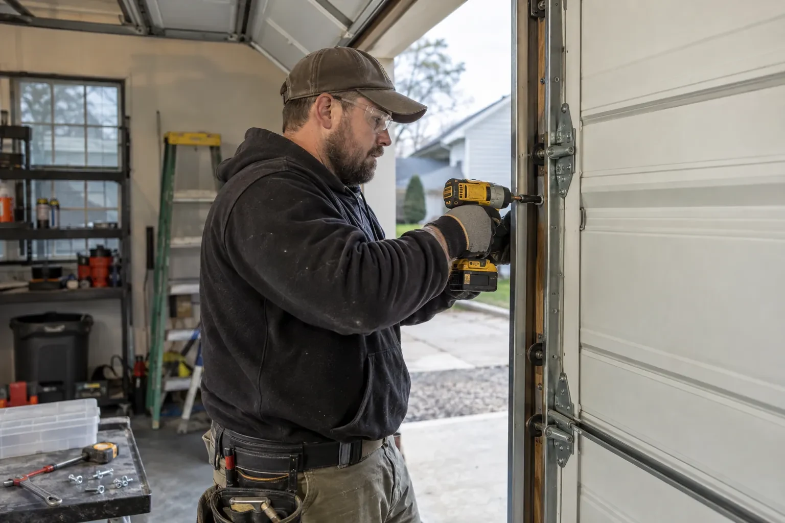 Technician in a brown cap driving a screw into a vertical door track with a yellow cordless drill, beside a workbench.