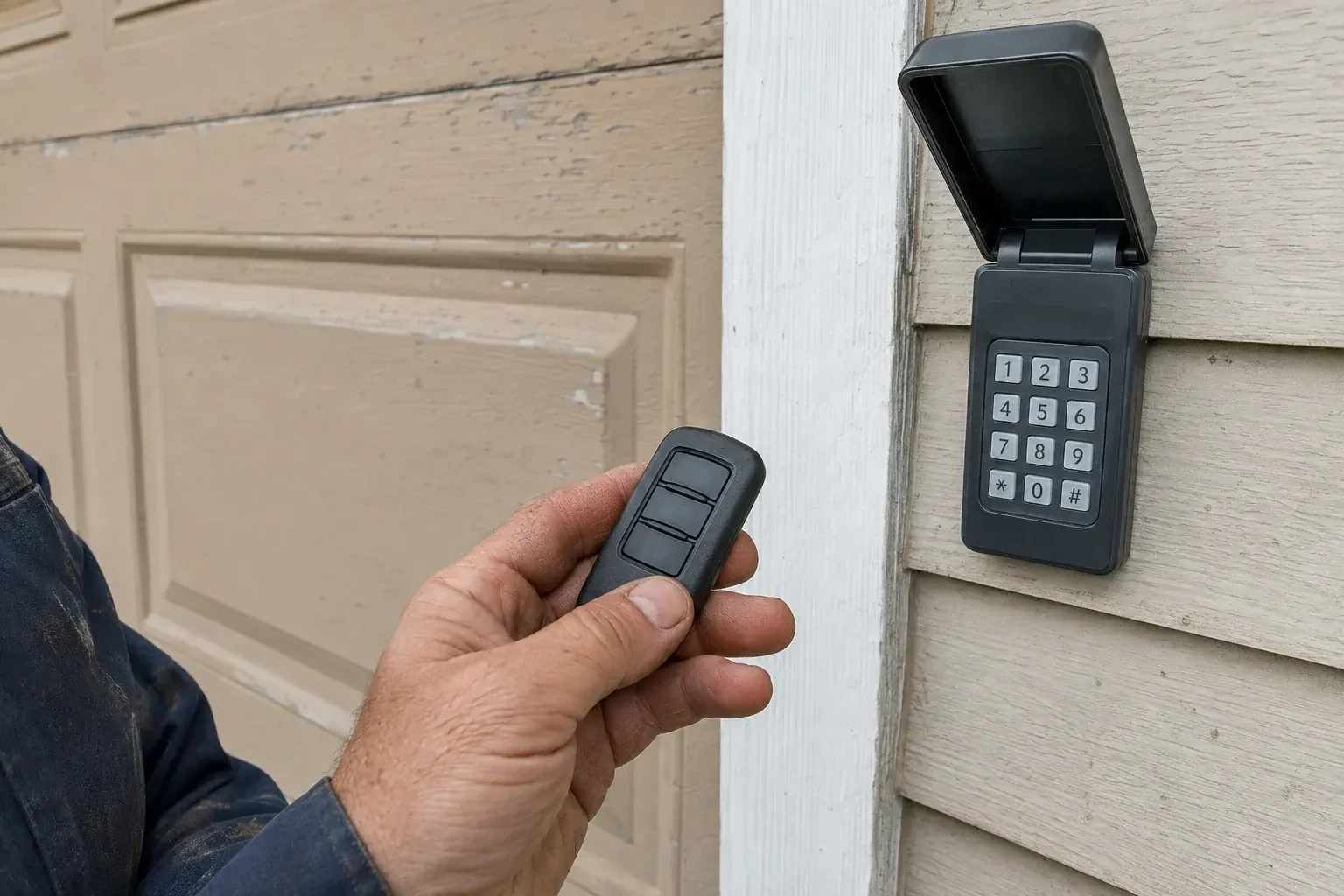 A hand holds a three-button remote beside an exterior garage keypad with its cover open. — Garage Door Remote and Keypad Programming, Kitchener