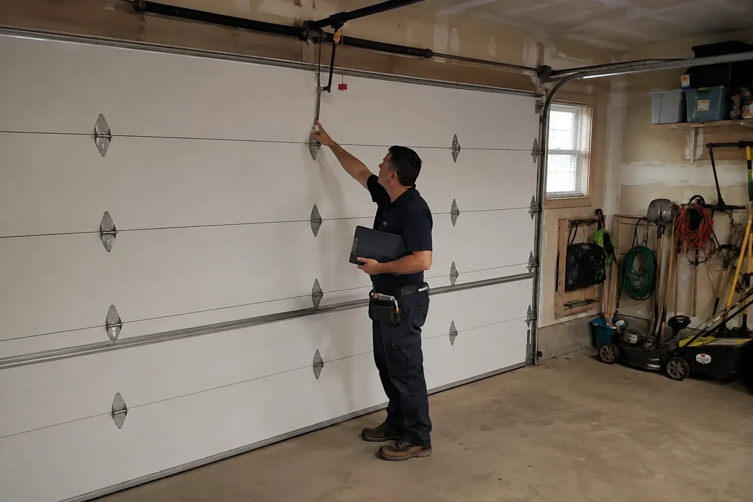 A person holding a clipboard examines the interior hardware of a closed garage door. — Garage Door Tune-Up, Kitchener