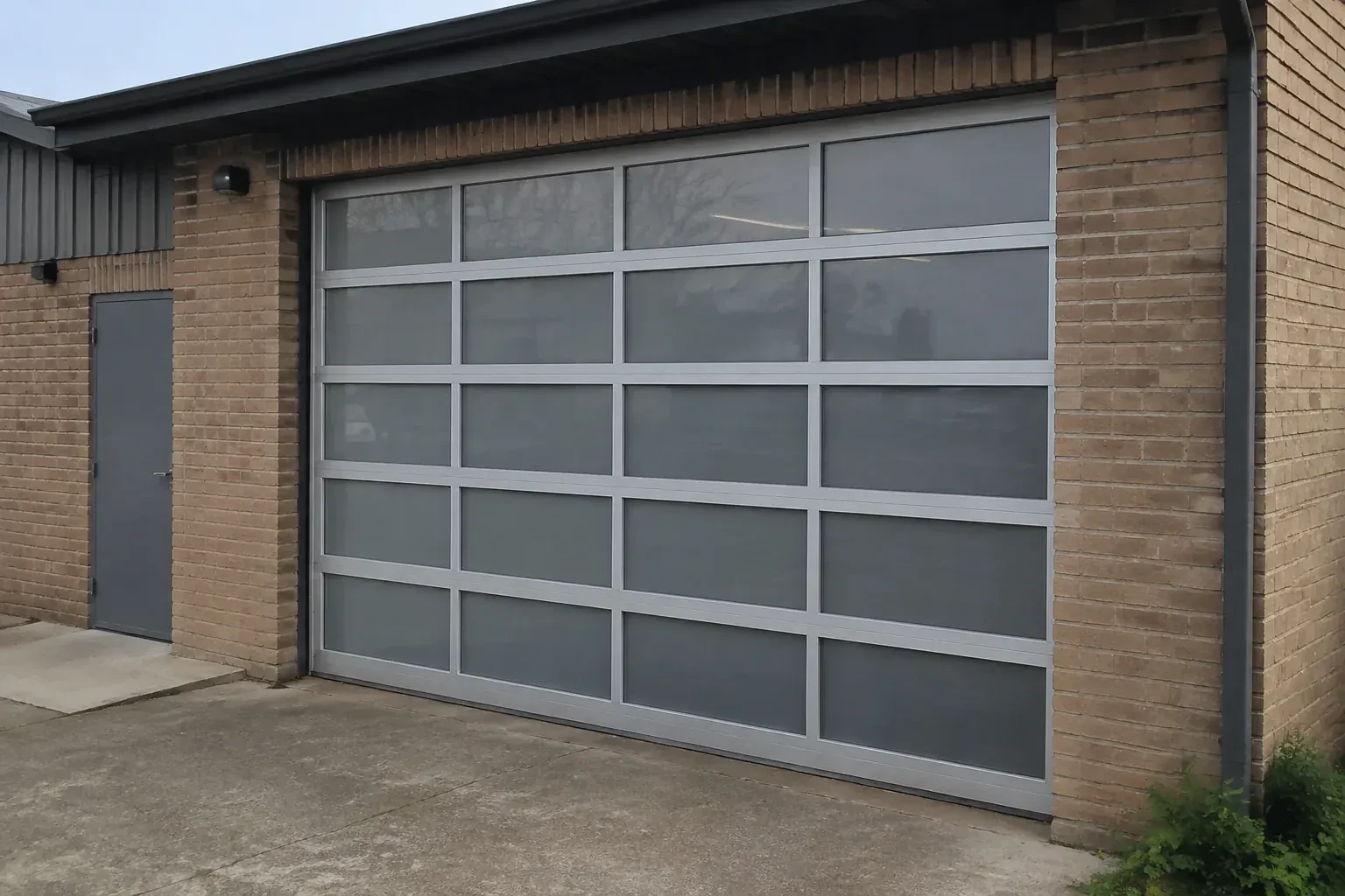 Closed glazed sectional door in a grey metal frame at a brick workshop. — Full-View Glass Garage Door Installation, Kitchener