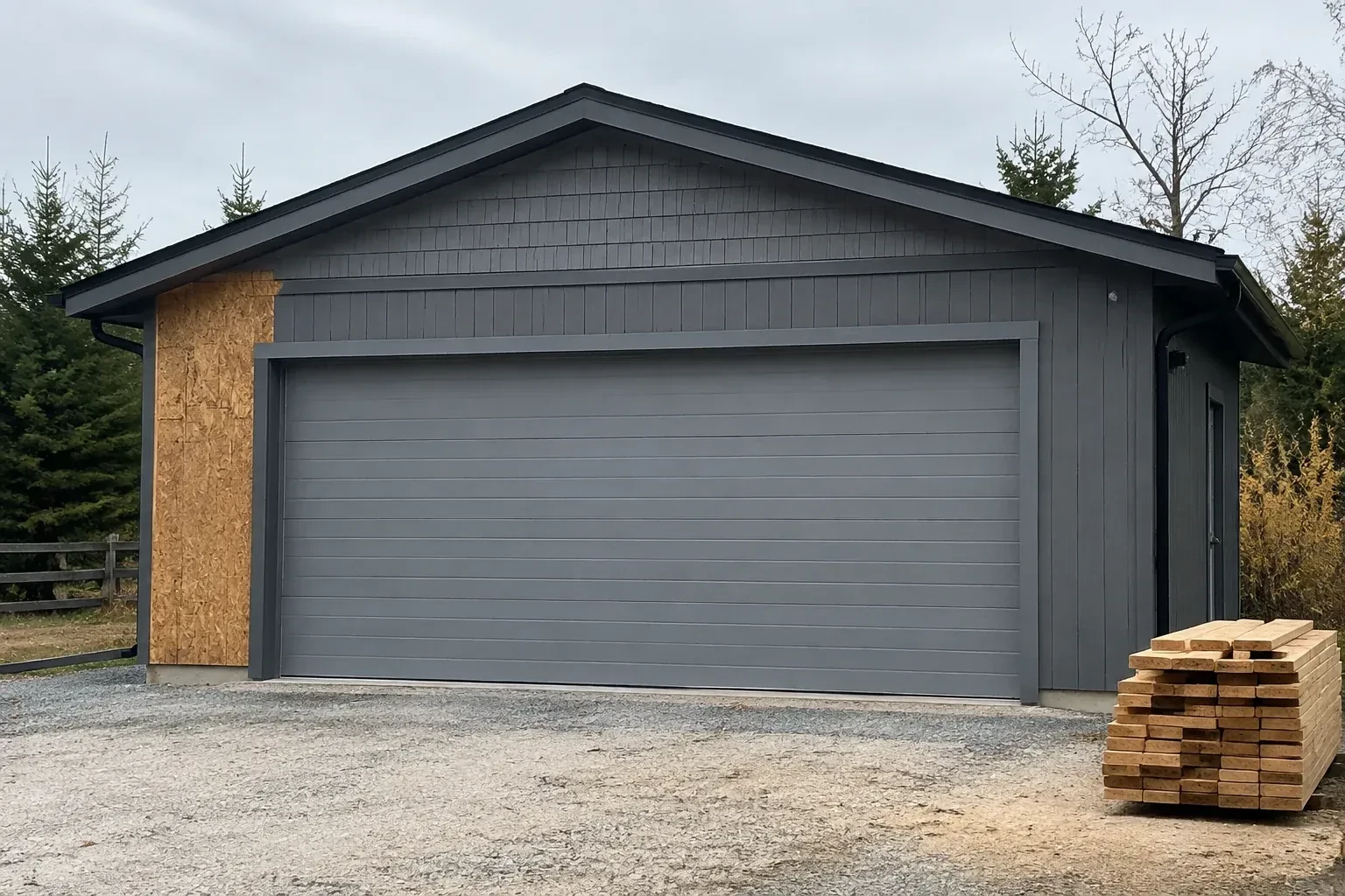 Closed grey garage door on a partly finished building beside stacked lumber. — New-Construction Garage Door Installation, Kitchener