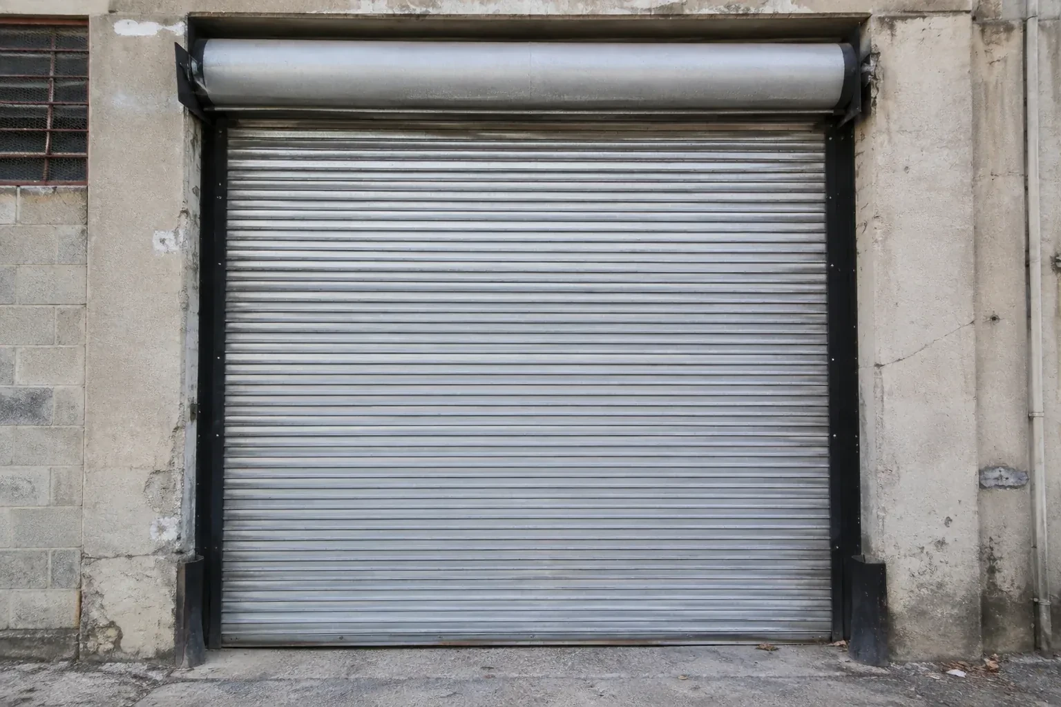 Closed metal rolling shutter in a weathered warehouse opening. — Commercial Rolling Door Repair, Kitchener