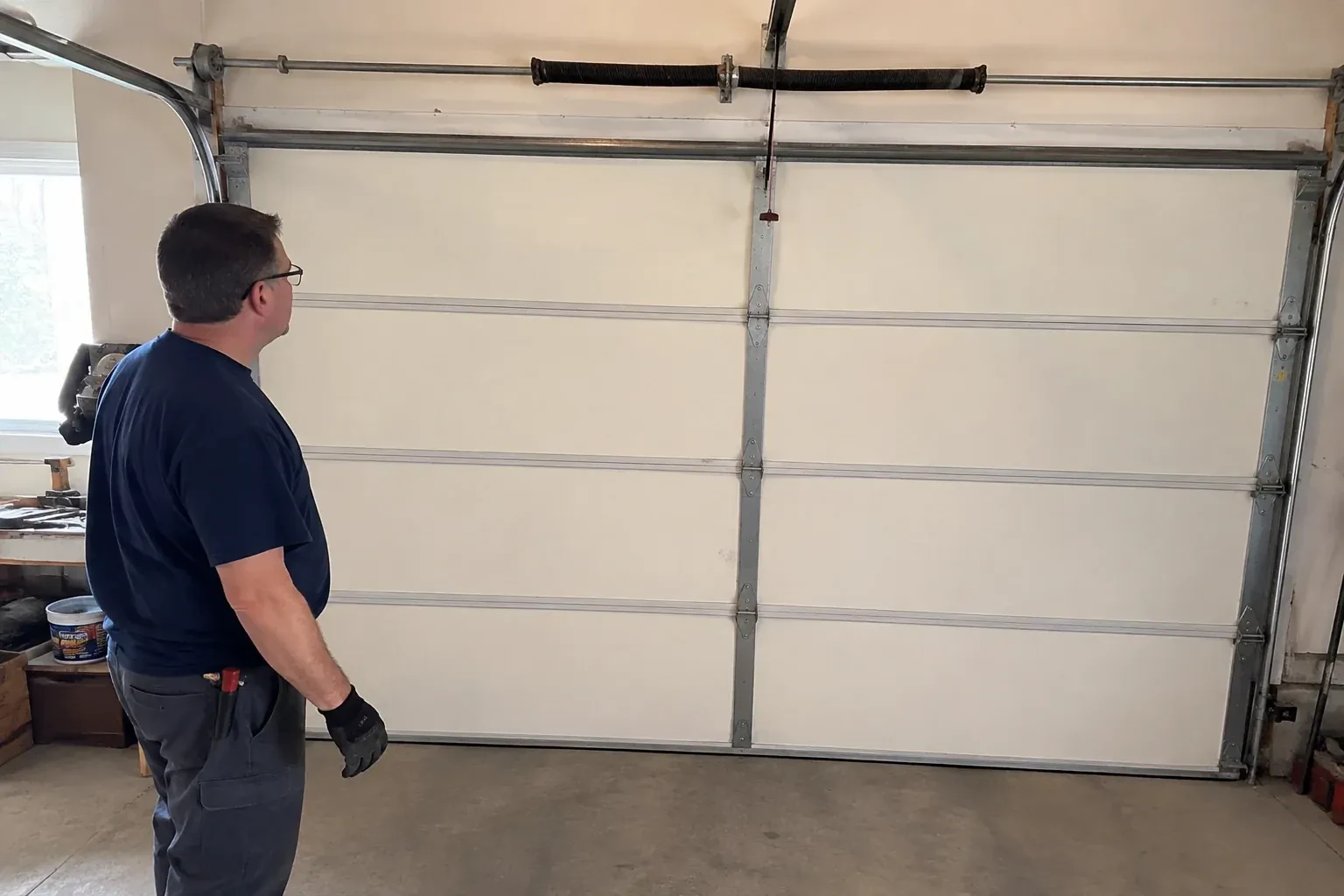Person in a dark shirt standing before a closed cream sectional door, looking up at a coiled spring and red-tipped cord. — Off-Track Garage Door Reset, Kitchener