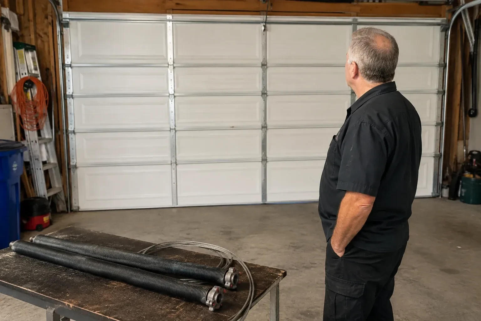 Detached coil springs with end fittings and a cable rest on a bench in front of a closed garage door. — Torsion Spring Replacement, Kitchener