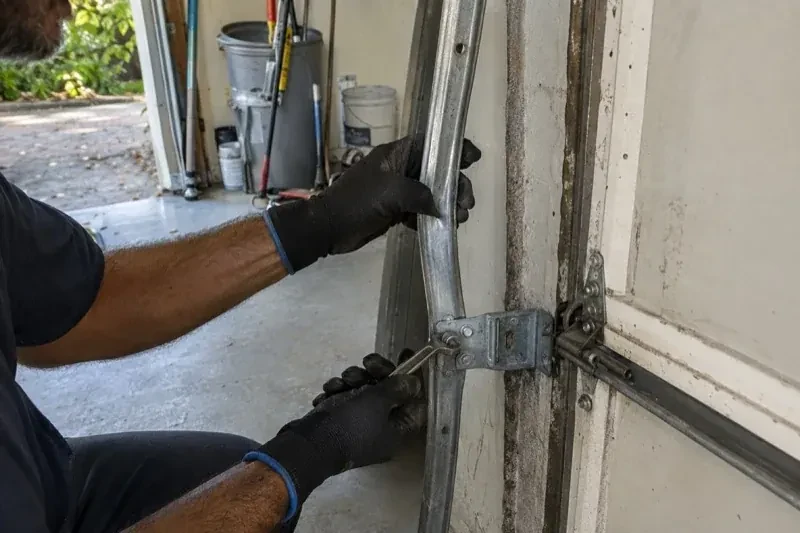 Gloved hands holding a vertical garage-door track and a wrench at its mounting bracket beside a door hinge. — Garage Door Track Repair or Replacement, Kitchener