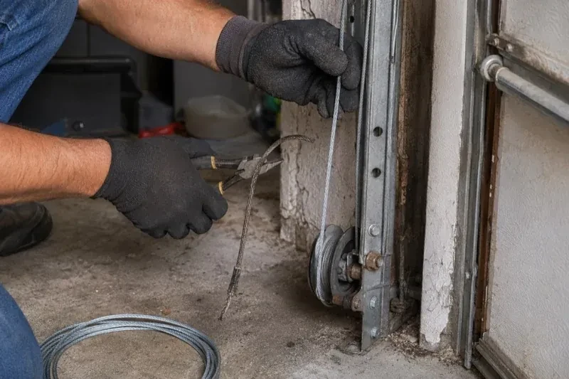 Gloved hands holding a bright cable and pliers gripping a frayed cable beside a garage-door track and pulley. — Garage Door Cable Replacement, Kitchener