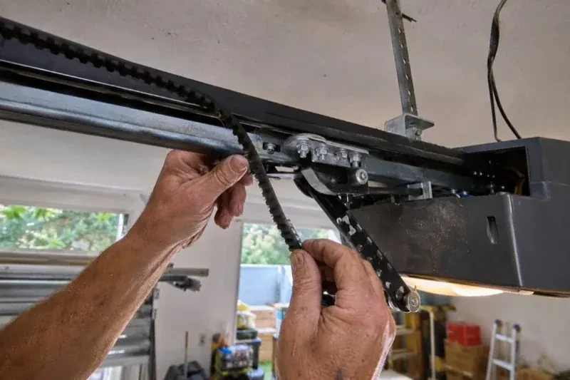 Hands holding a loose toothed belt beside the rail and trolley of an overhead garage-door opener. — Belt-Drive Opener Repair, Kitchener