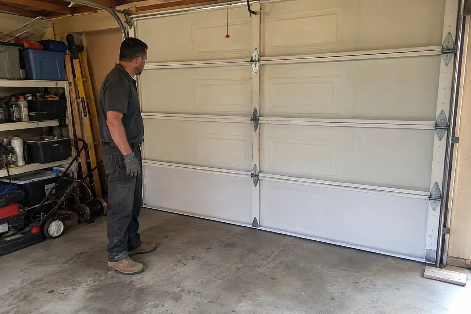 A person examines the interior panels and hinges of a closed sectional garage door. — Garage Door Panel Replacement, Kitchener