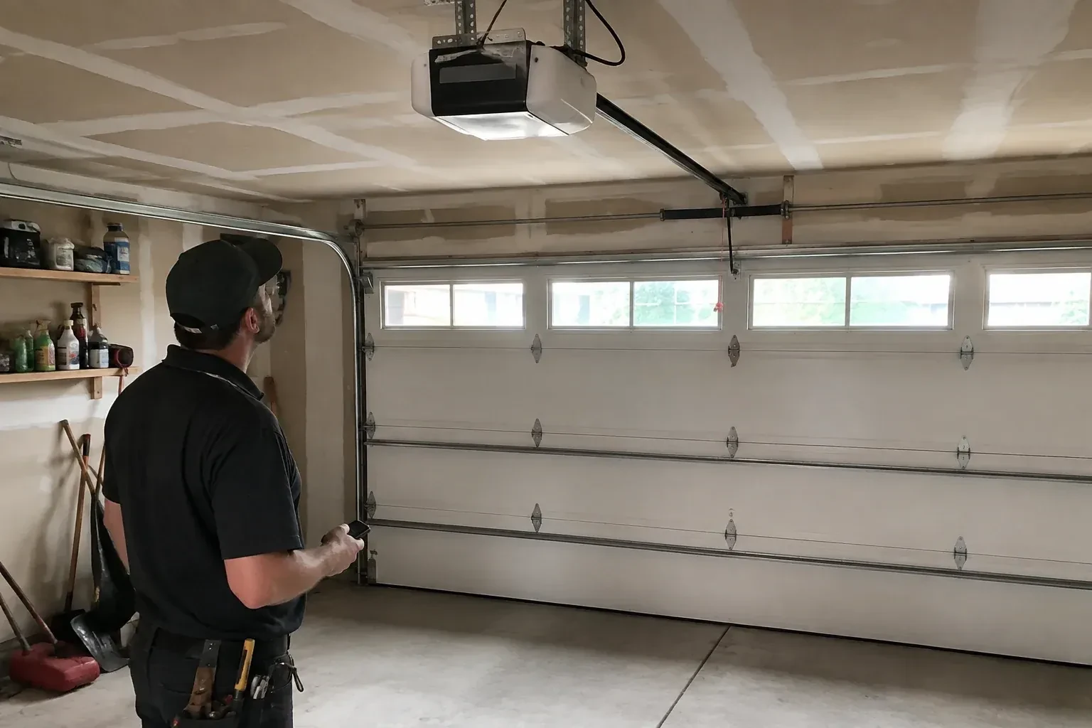 A person looks at an overhead opener above a closed garage door with a row of windows. — Garage Door Opener Replacement, Kitchener