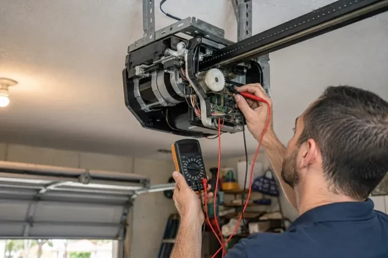 Person holding a multimeter and a red probe near the exposed circuit board of an overhead garage-door opener. — Garage Door Opener Diagnosis and Repair, Kitchener