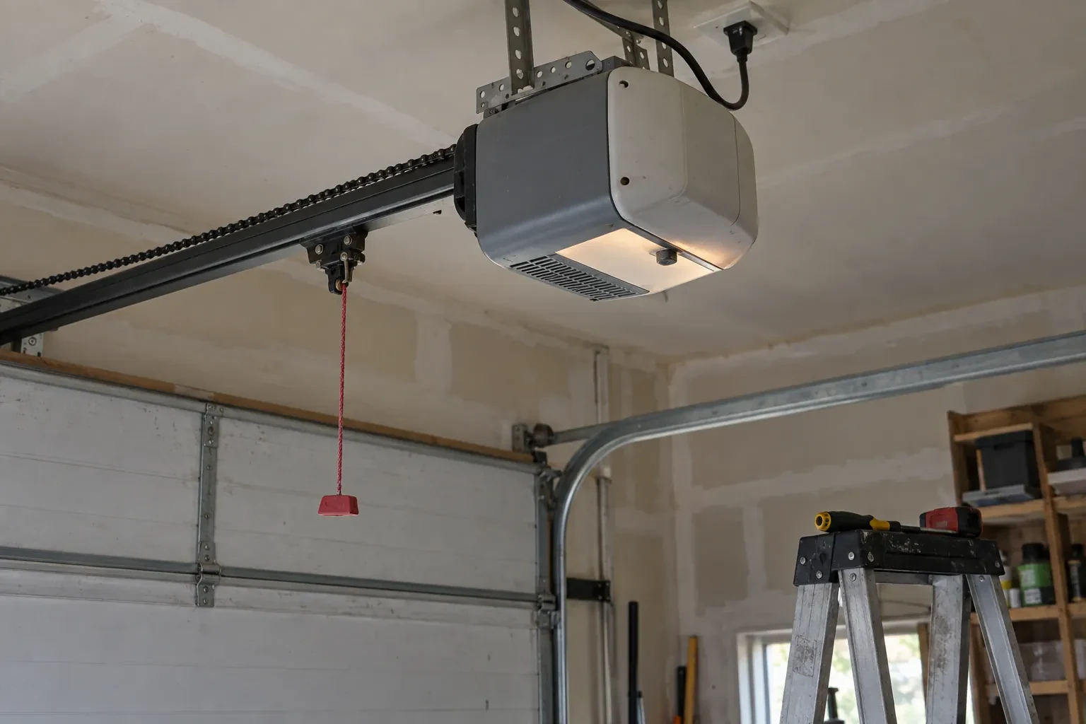 Chain-drive opener hanging from the ceiling with a lit lamp lens and a red pull cord, above a gray door and ladder. — Kitchener