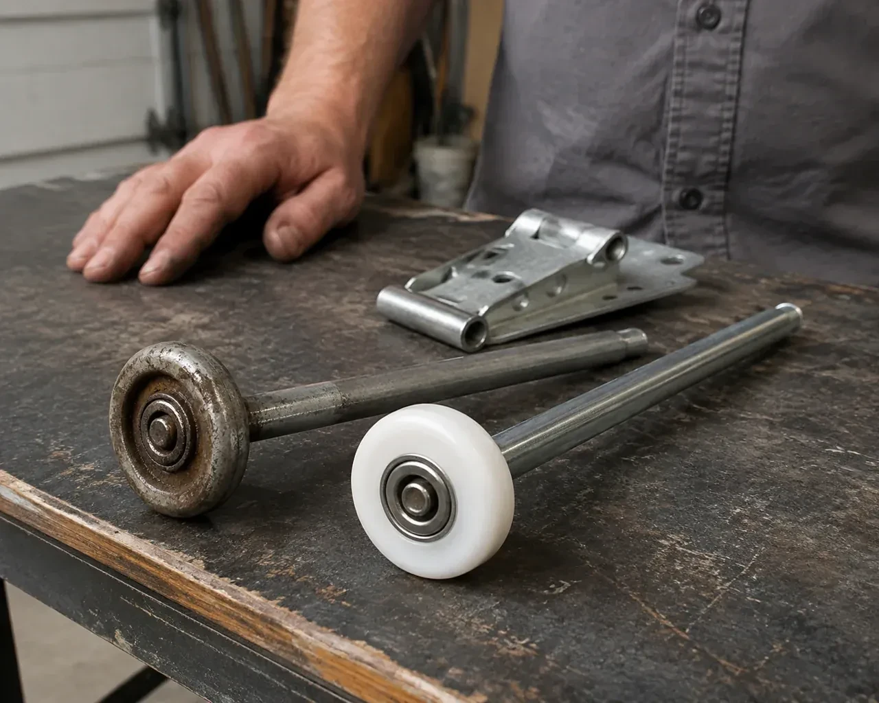 Steel and nylon garage-door rollers with long stems lie beside a detached hinge on a workbench. — Garage Door Roller Replacement, Kitchener
