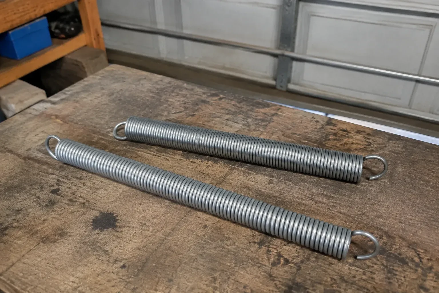 Two detached extension springs with hooked ends on a garage bench. — Extension Spring Replacement, Kitchener