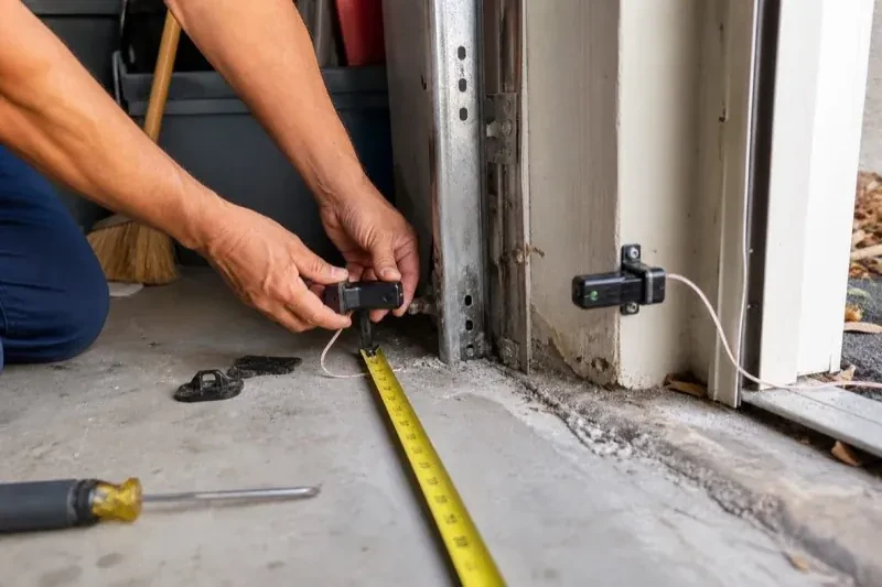 Hands holding a small wired device beside another mounted device and a tape measure at a garage-door opening — Photo-Eye Sensor Alignment or Replacement, Kitchener
